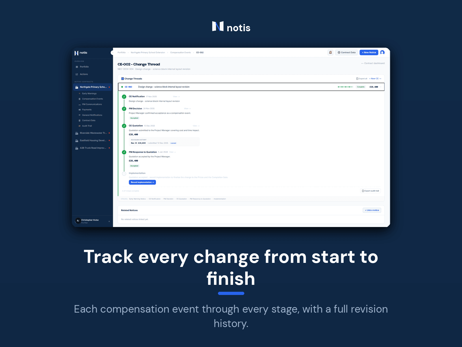 notis compensation event timeline — each change tracked through every stage with full revision history